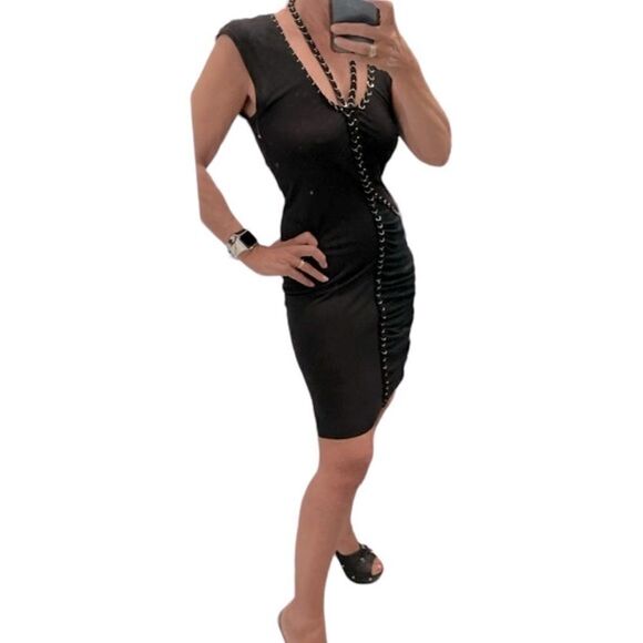 Sachin + Babi For Ankasa Black V Neck Chains Details Ruched Dress.Size S - Picture 7 of 16